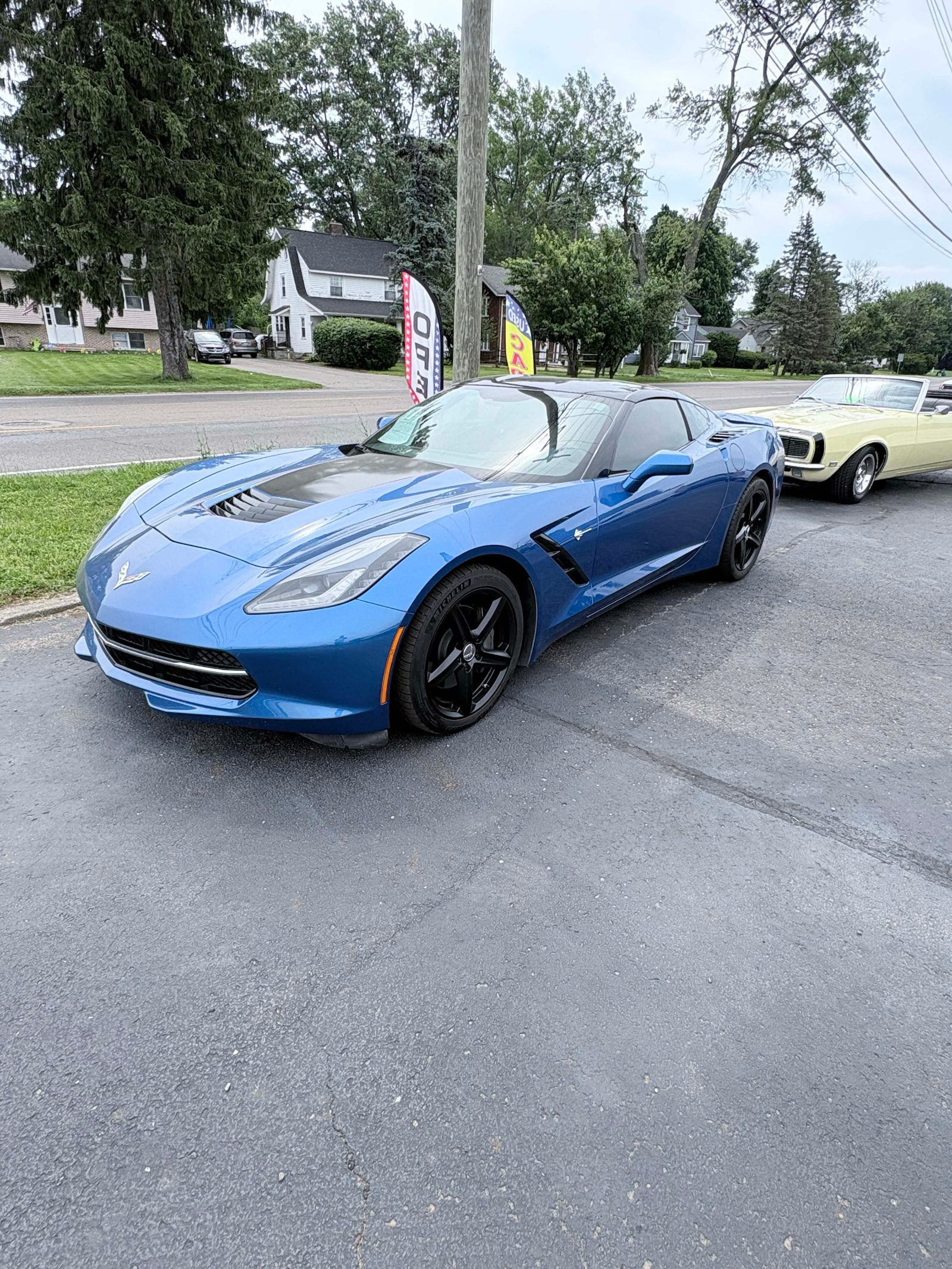 Blue C7 Chevrolet Corvette Stingray parked by the trees